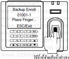13. เครื่องแสดง ID 01001-1 (เลข 1 ตัวหลังสุดคือ นิ้วสำรองนิ้วที่ 1 ) วางนิ้วในช่องสแกน